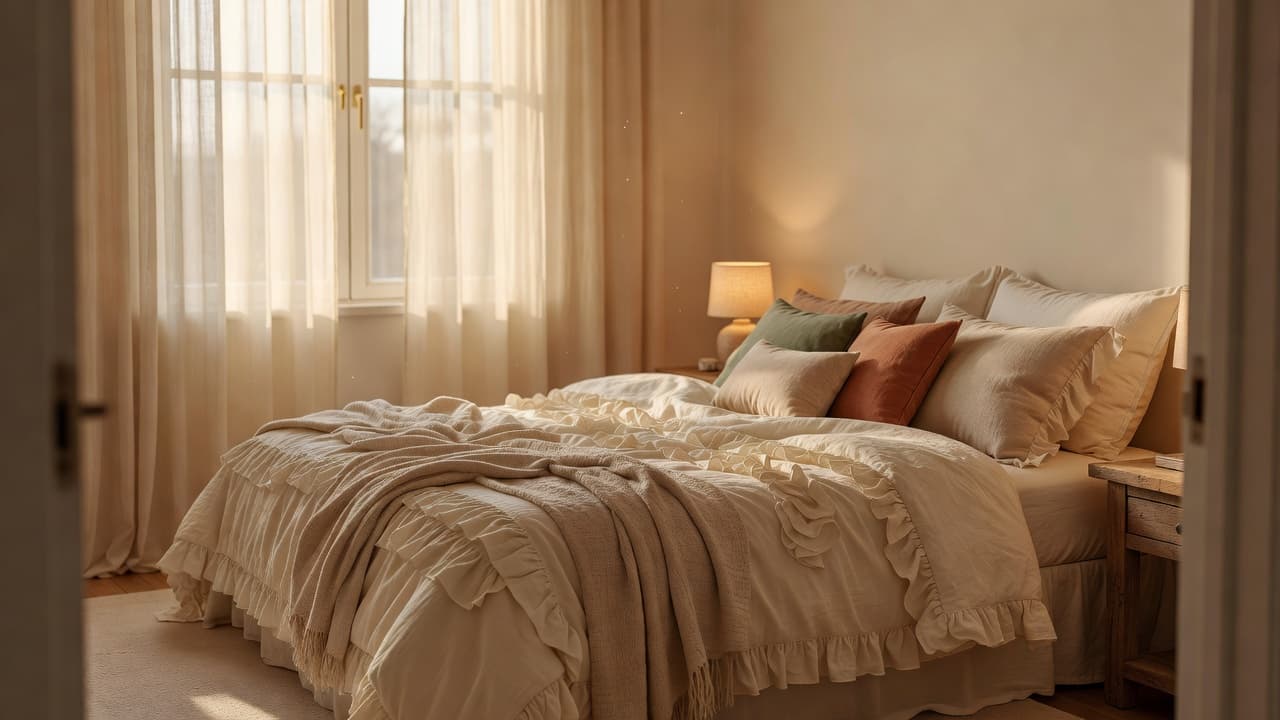 Cozy bedroom with ruffled bedding, sheer curtains, a glowing lamp, and a throw blanket.
