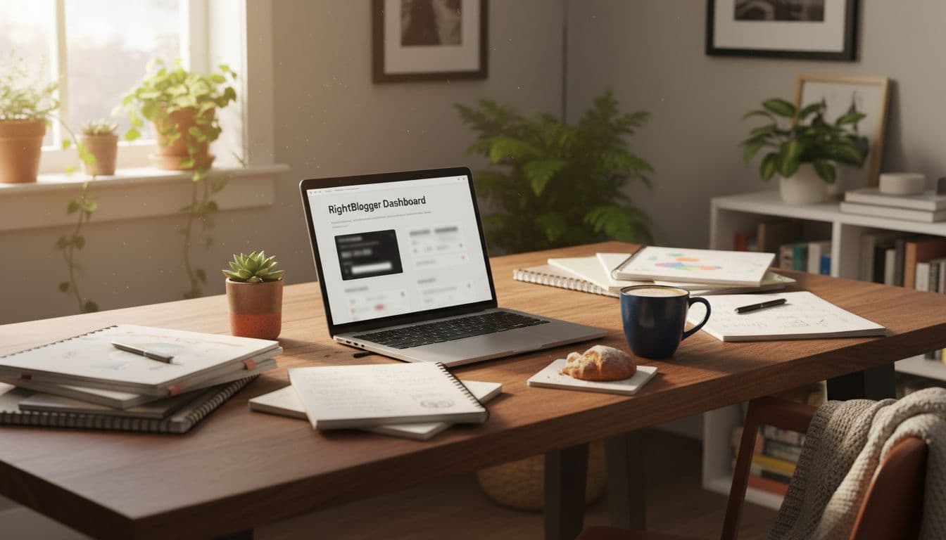 A cozy, lived-in home office setup for a blogger features a wooden desk cluttered with notebooks, a coffee mug, and a modern laptop displaying the RightBlogger dashboard at a slight angle. Soft natural light from a window with nearby plants illuminates the warm-toned, realistic scene focused on productivity and creativity.