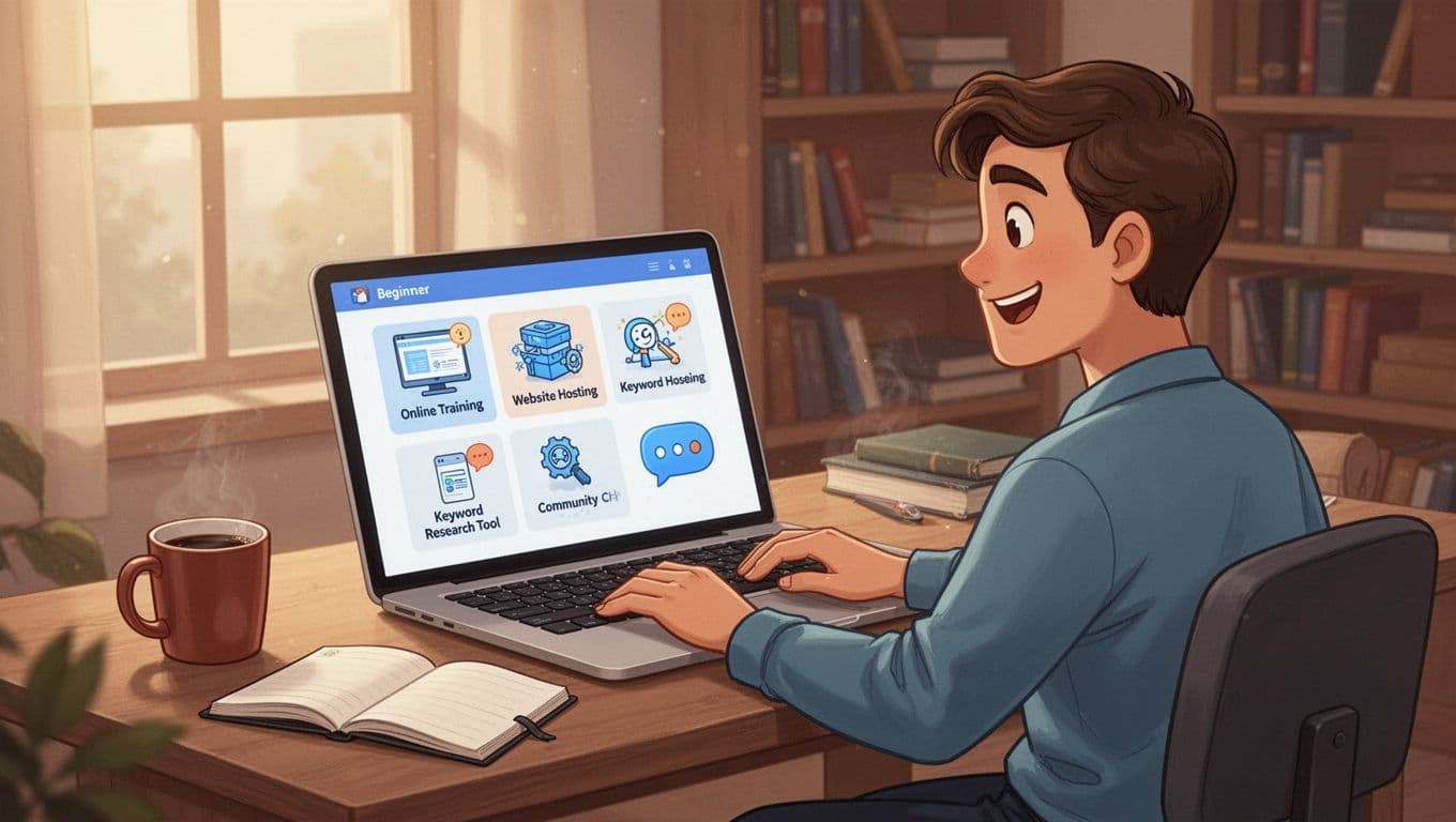 Cartoon illustration in landscape ratio of a beginner adult relaxed at a home office desk with laptop showing dashboard icons for online training, hosting, keyword research, and chats, plus coffee, notebook, bookshelves, and warm lighting for a positive mood.