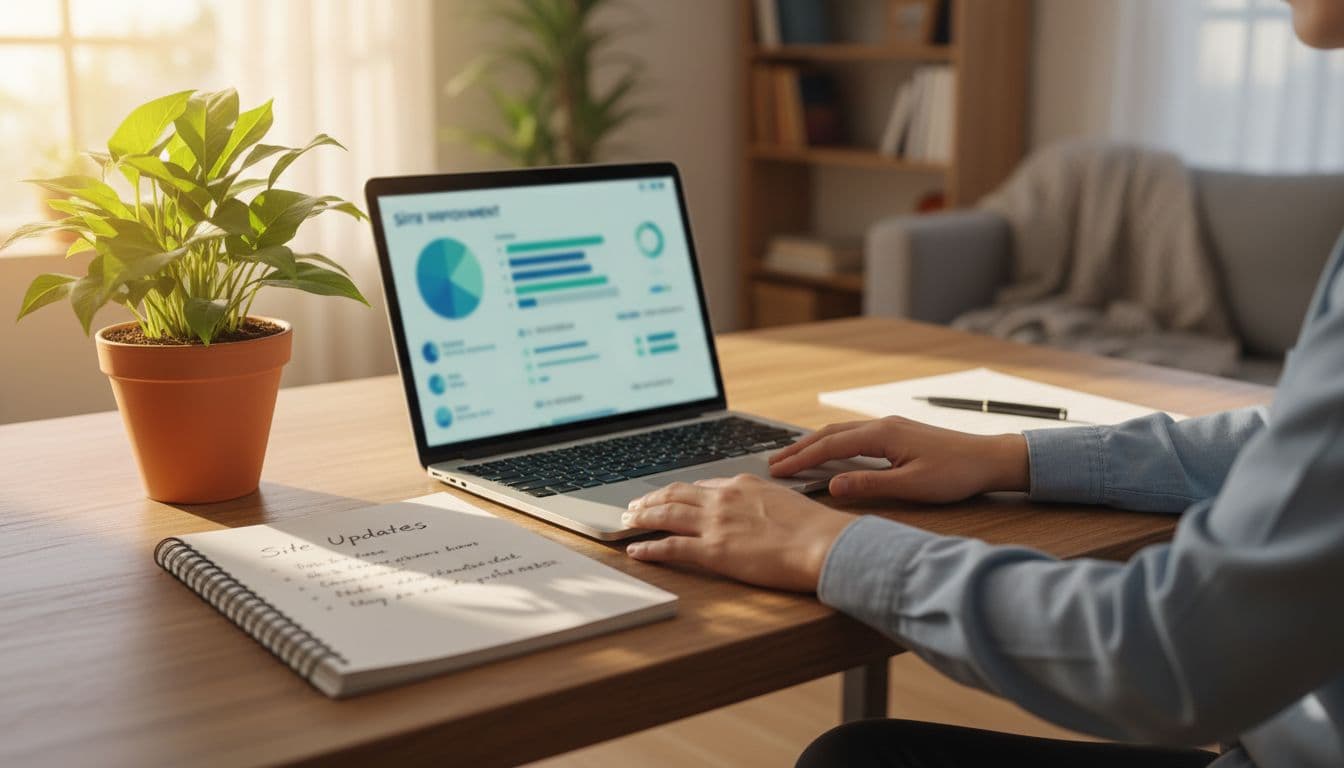 One person at a cozy home office desk with laptop displaying blurred site improvement interface, relaxed hands, growing plant symbolizing growth, notebook with update notes, and warm natural light.