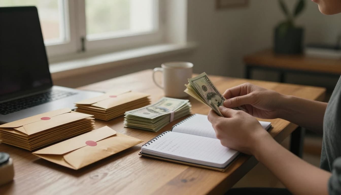 A focused person sits at a wooden desk in a cozy home office, sorting stacks of cash into labeled envelopes for gambling sessions while referencing a notebook with budget calculations, with a coffee mug and warm afternoon light creating a calm atmosphere.