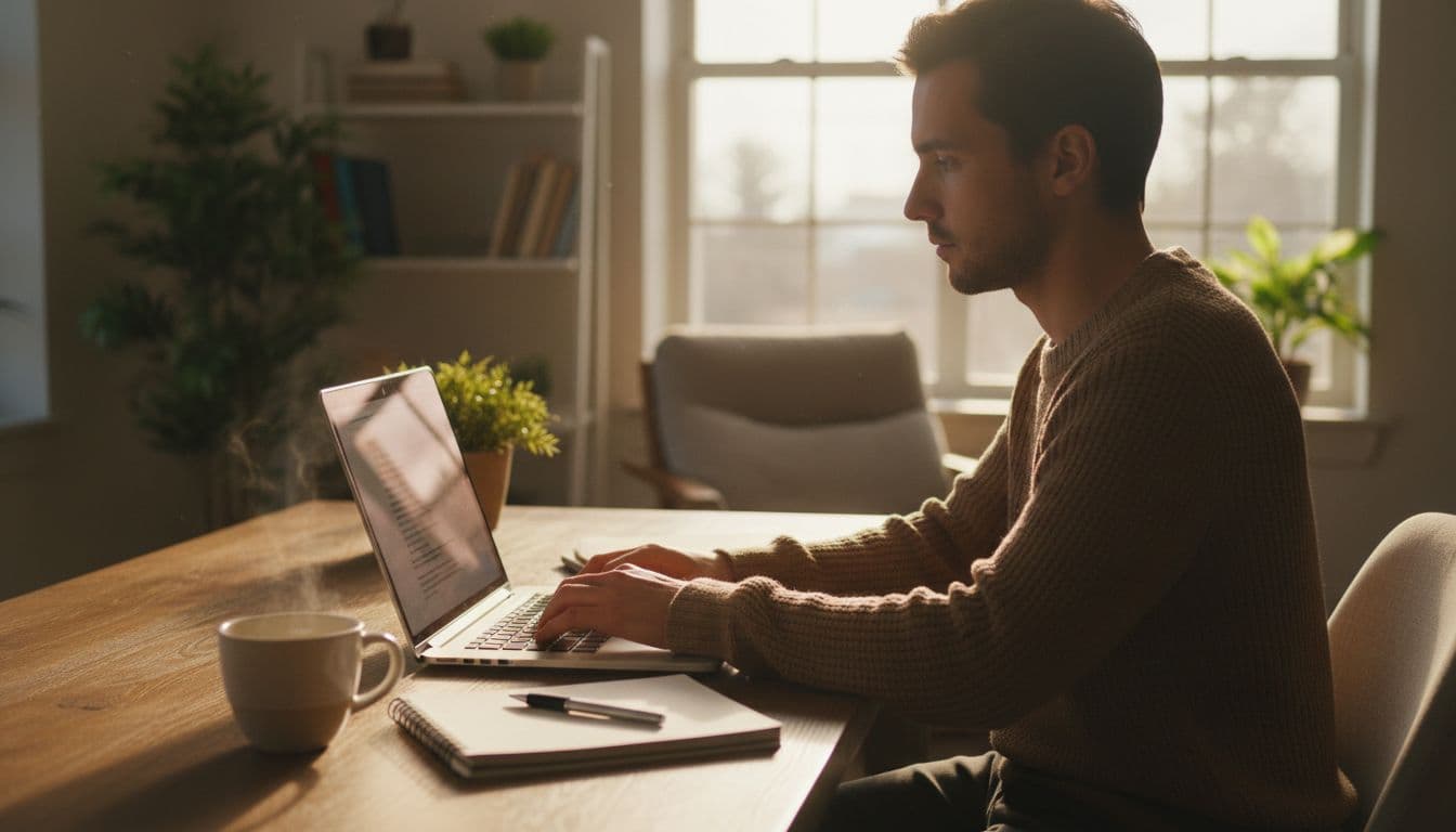Person comfortably seated at a cozy home office desk typing a text prompt into a laptop with blurred screen, notebook and coffee mug nearby, warm afternoon light from window, realistic photo.