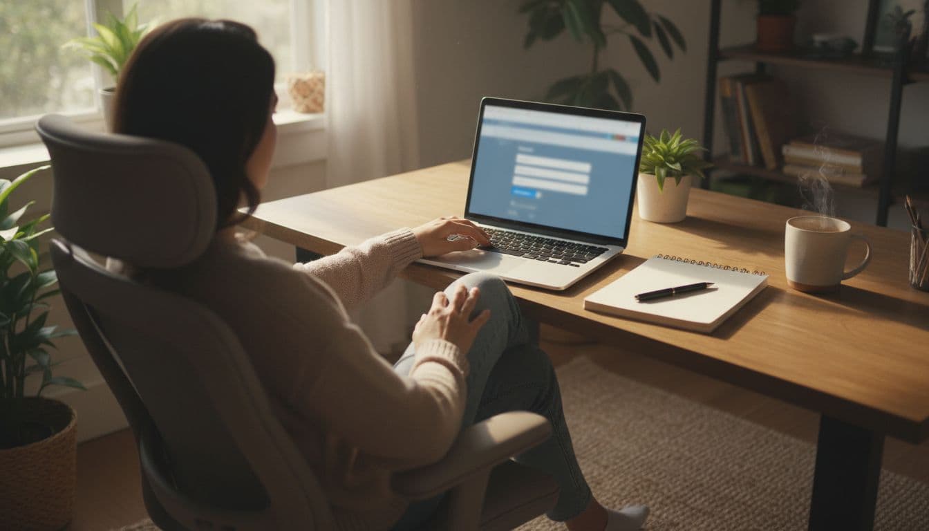 A single person relaxes at a cozy home desk in a sunlit room, typing on a laptop showing a blurred signup form for Wealthy Affiliate, with notebook, pen, and coffee mug nearby under natural window light.