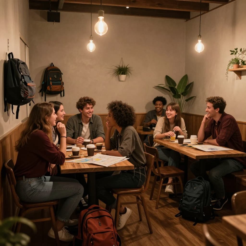 A cozy hostel common room features solo travelers chatting around wooden tables under warm ambient lighting from hanging bulbs. Backpacks lean against walls, with maps, coffee mugs, plants, and wooden floors creating a friendly, inviting atmosphere for social interaction.