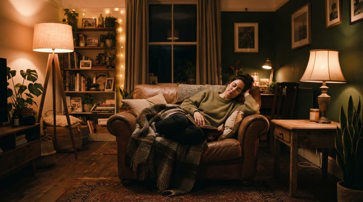 One relaxed person rests in a cozy living room lit by a floor lamp, table lamp, and warm ambient glow.