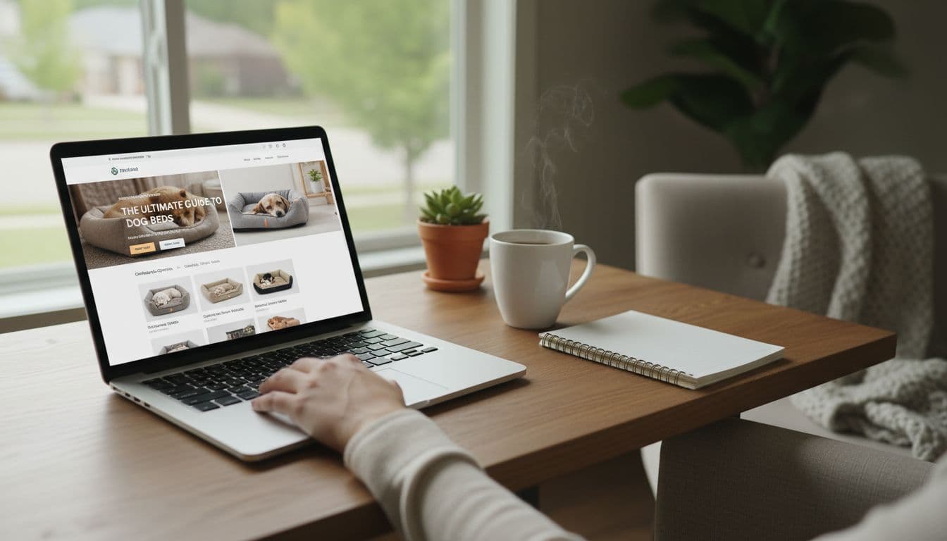 Cozy home office with wooden desk, laptop displaying pet care blog on best dog beds, notebook, coffee mug, and soft natural window light.