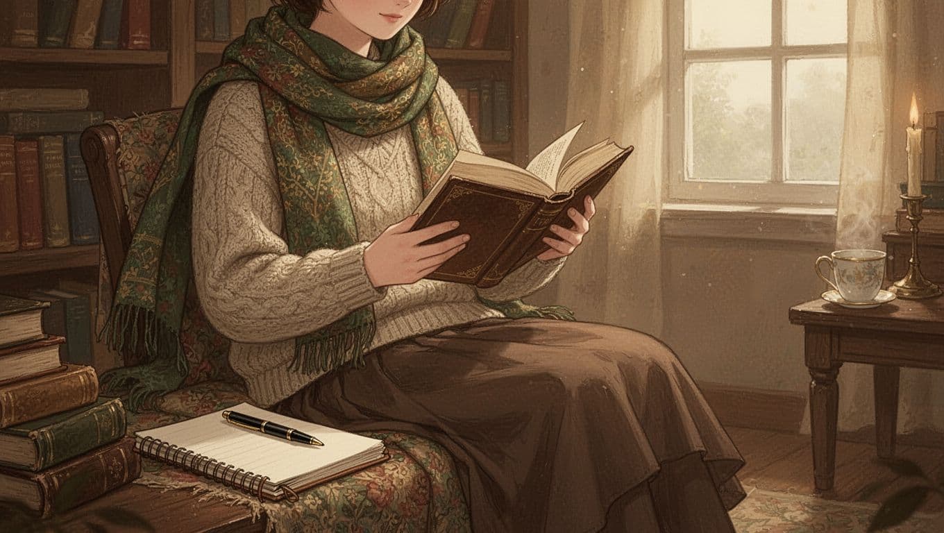 Illustration in nostalgic cozy style showing one person in layered earthy-toned outfit—scarf, sweater, skirt—seated reading a book, with notebook nearby, in warmly lit room with bookshelves and soft window light. Detailed textures on fabrics in warm browns, greens, golds evoke comforting introspective mood.