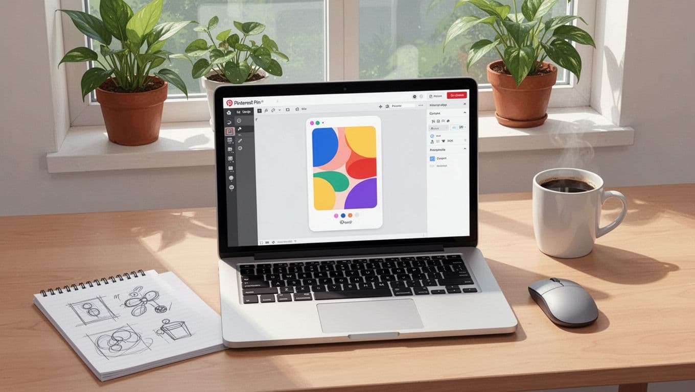 Illustration of a clean desk workspace with laptop open to design tool showing vertical Pinterest Pin mockup with abstract colorful shapes, mouse, notepad sketches, coffee mug, and window with plants. Vector flat design style, bright natural light, top-down angle view, no people or clutter.