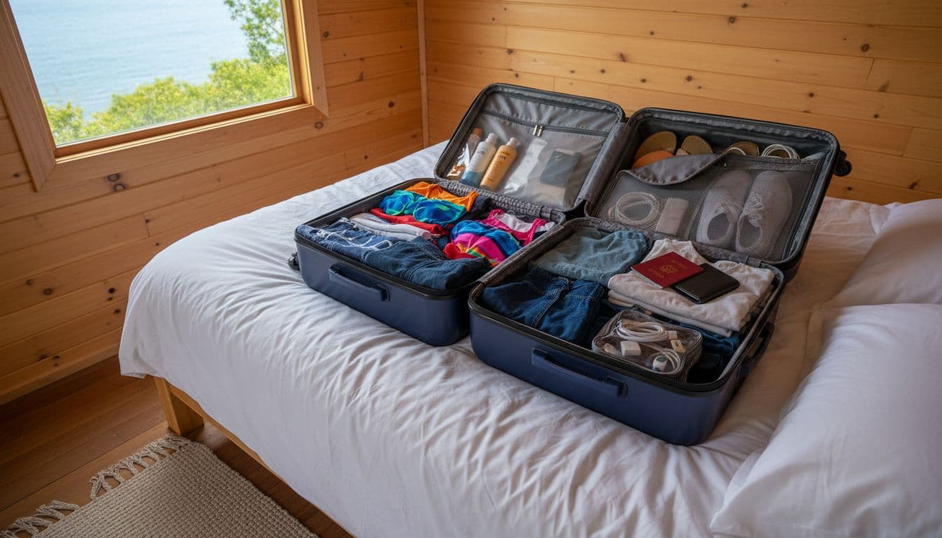Open suitcase on cabin bed packed with clothes, swimwear, sunscreen, passport, medications, chargers, and shoes.