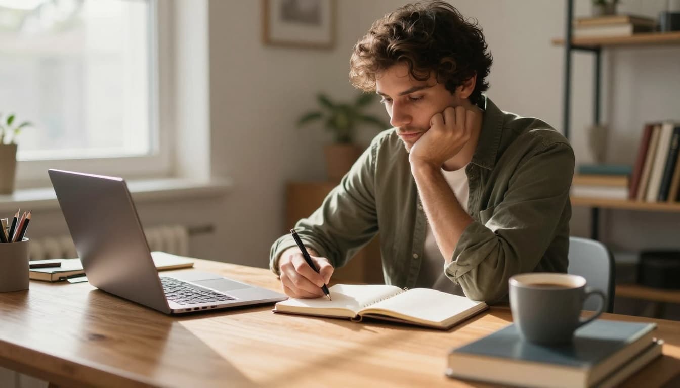 A determined person sits at a wooden desk in a cozy home office, laptop pushed aside, intently jotting notes in a notebook with a thoughtful expression, surrounded by personal development books and a coffee mug, sunlight streaming in to evoke an independent mindset away from blurred phone notifications.