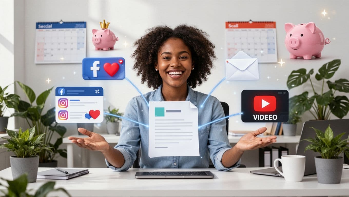 Illustration of a diverse woman smiling at a desk with icons branching from a central blog post to social media, email newsletter, and video script, featuring relaxed gesturing hands, background calendar and piggy bank symbols, in a modern office with plants and bright lighting.