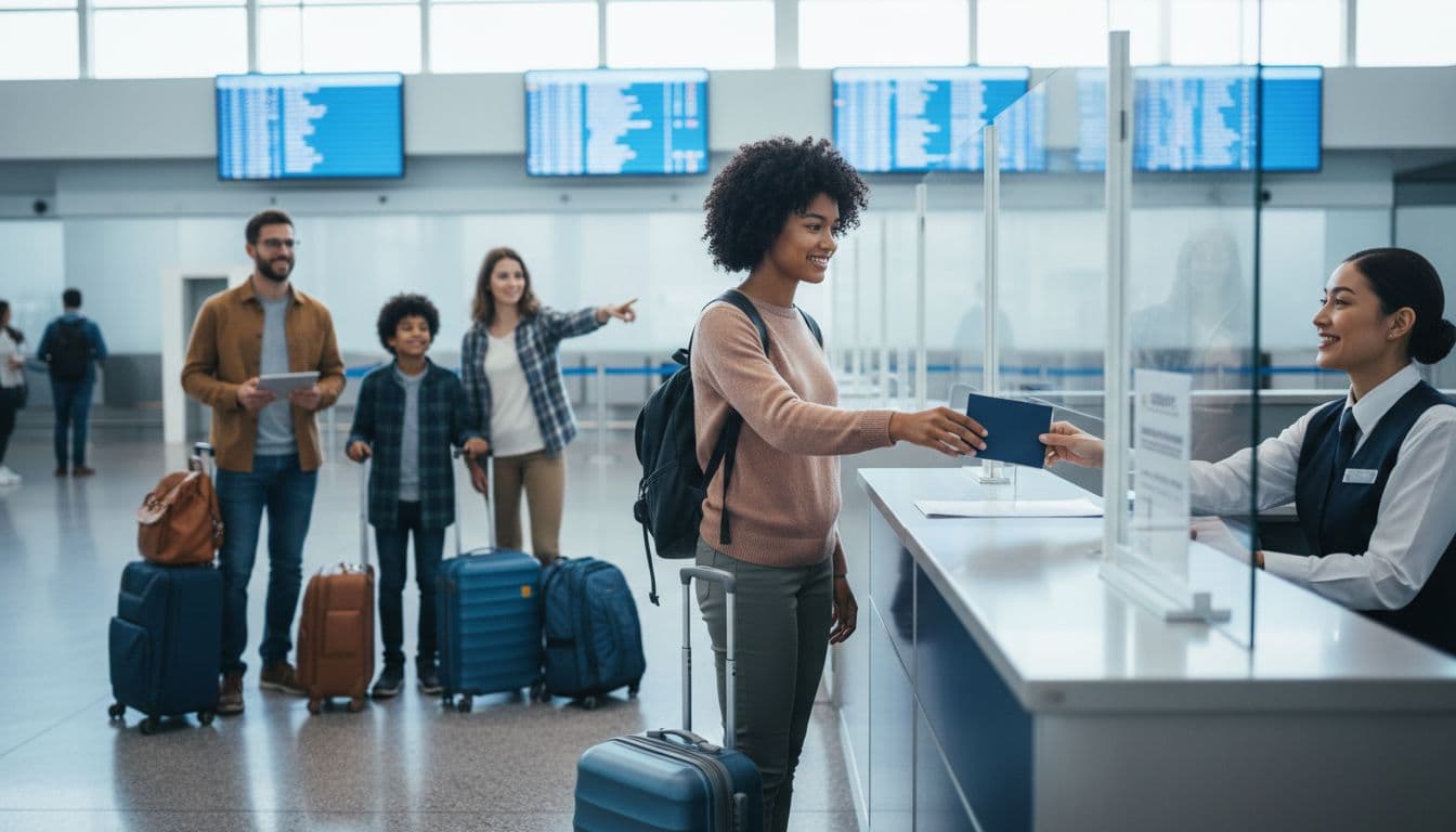 A diverse group of travelers at an international airport counter, one handing over passport and documents to an immigration officer with suitcases nearby and blurred airport signage in the background. People appear prepared and relaxed in a photorealistic scene with bright terminal lighting.