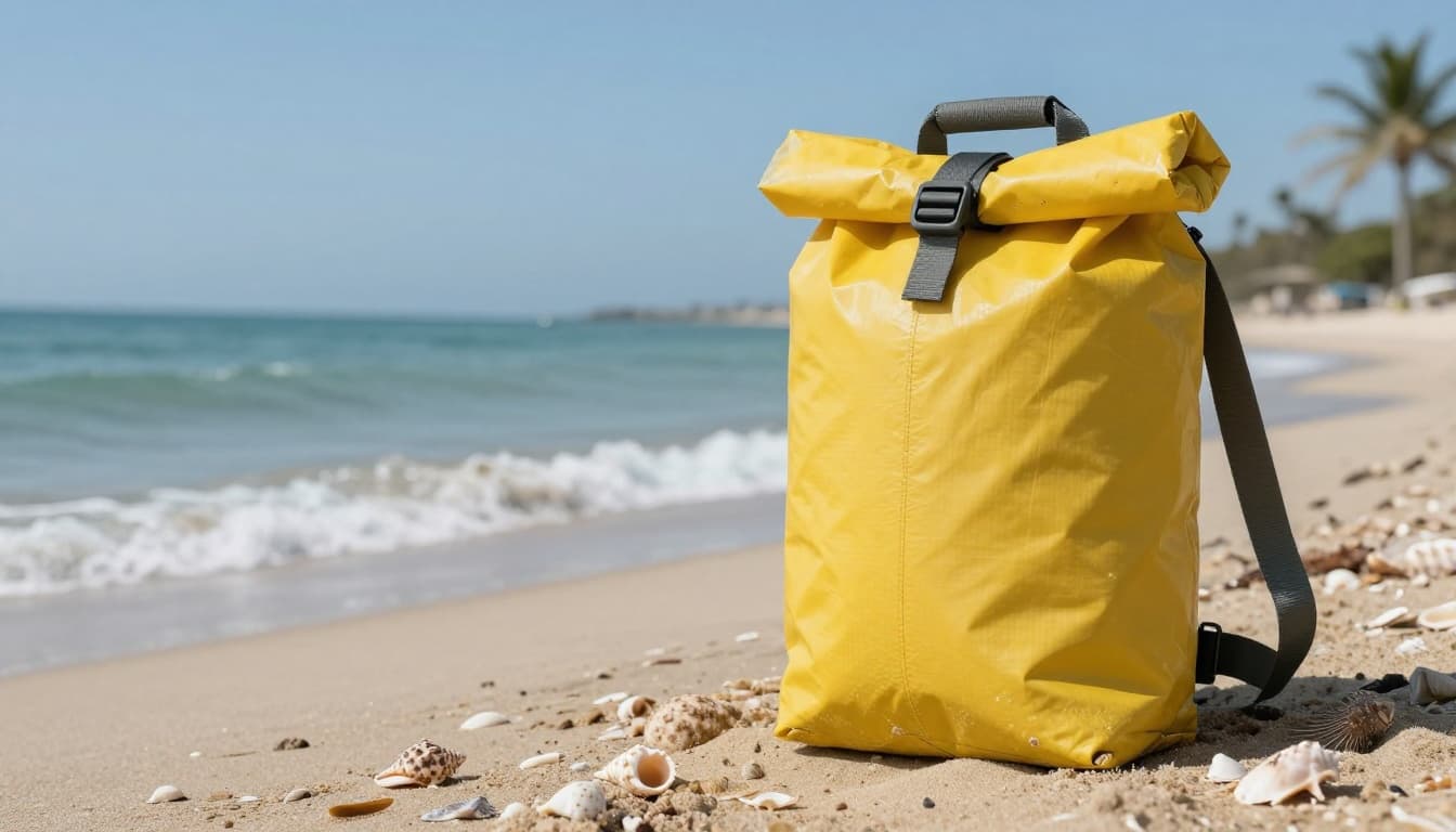 Bright yellow Earth Pak waterproof dry bag with roll-top closure on sandy beach near ocean waves, highlighting durable 500D PVC texture and shoulder strap.