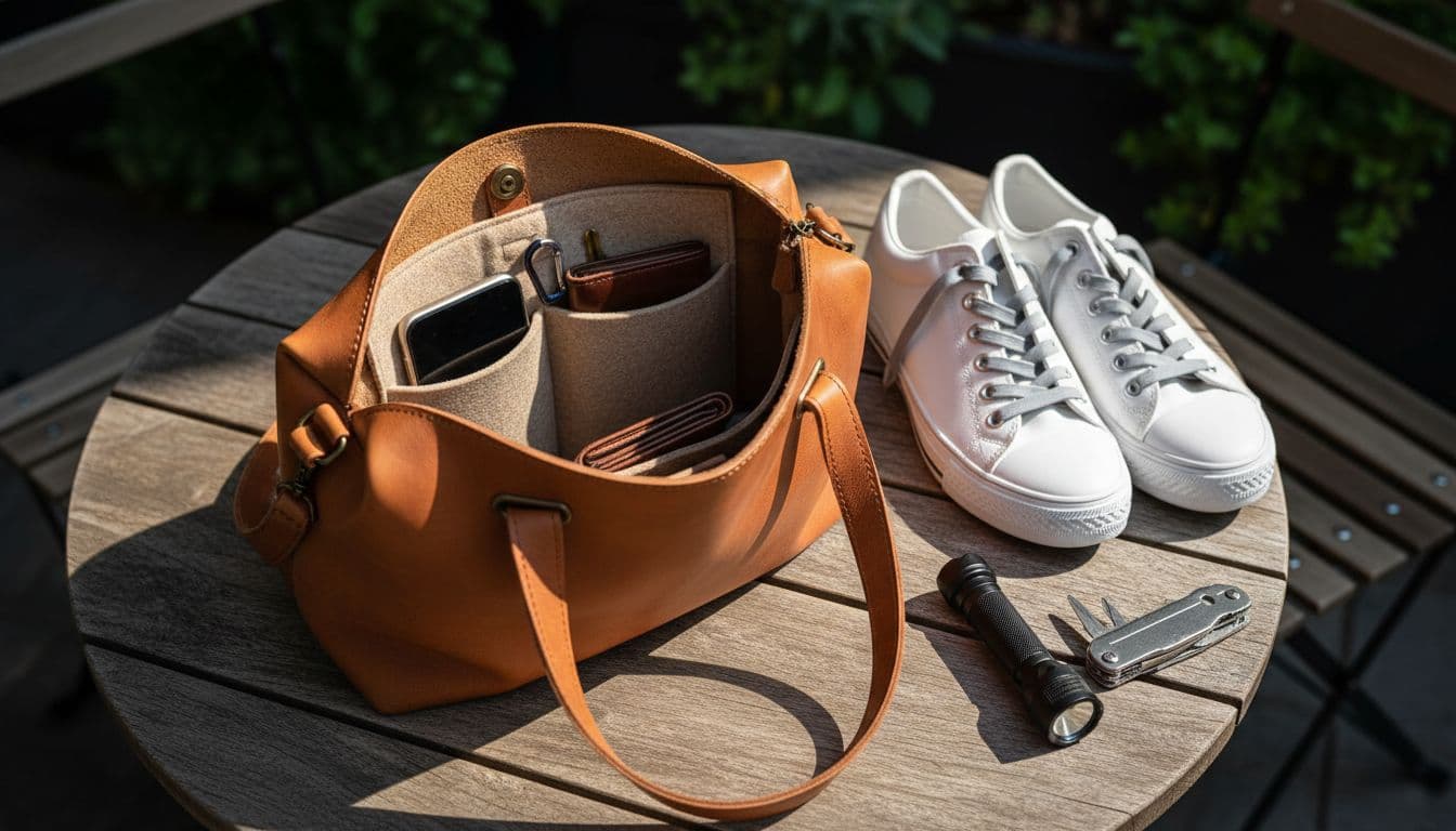 Open purse with felt organizer insert pockets holding keys, phone, and wallet, beside sneakers featuring elastic no-tie laces, compact flashlight, and multi-tool on a wooden outdoor cafe table in top-down cinematic composition.