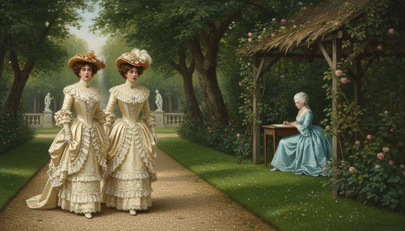 Two women in detailed Edwardian 1901 dresses walk with surprised expressions along a lush garden path at Petit Trianon, Versailles, surrounded by 18th-century greenery, with a distant woman in powdered wig sketching under a canopy in soft afternoon light.