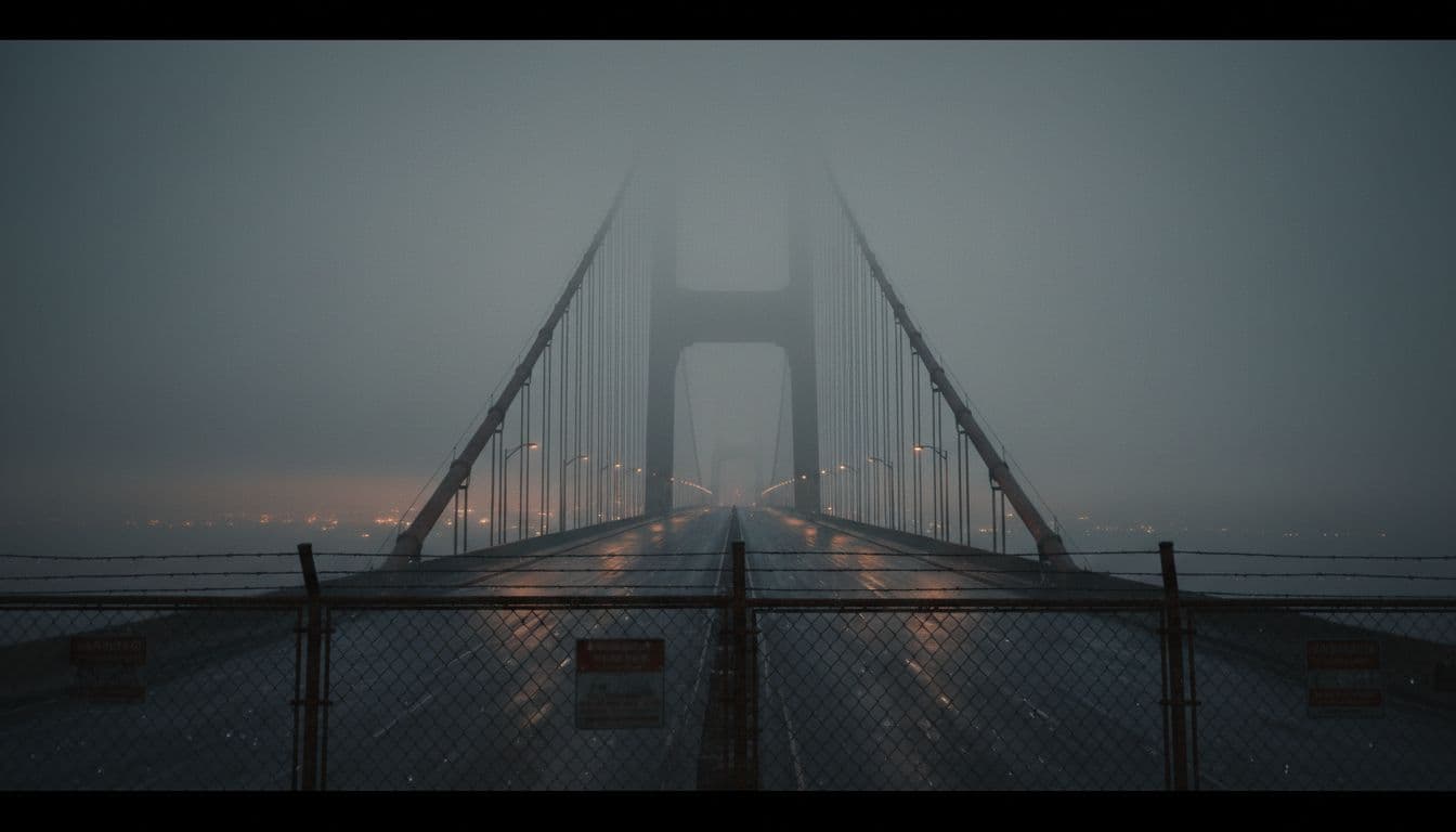 A towering suspension bridge vanishes into dense fog at dusk, with empty rain-glistened lanes and faint orange city lights piercing the mist. A blurred rusty chain-link fence with warning signs in the foreground enhances the isolated, uneasy atmosphere.