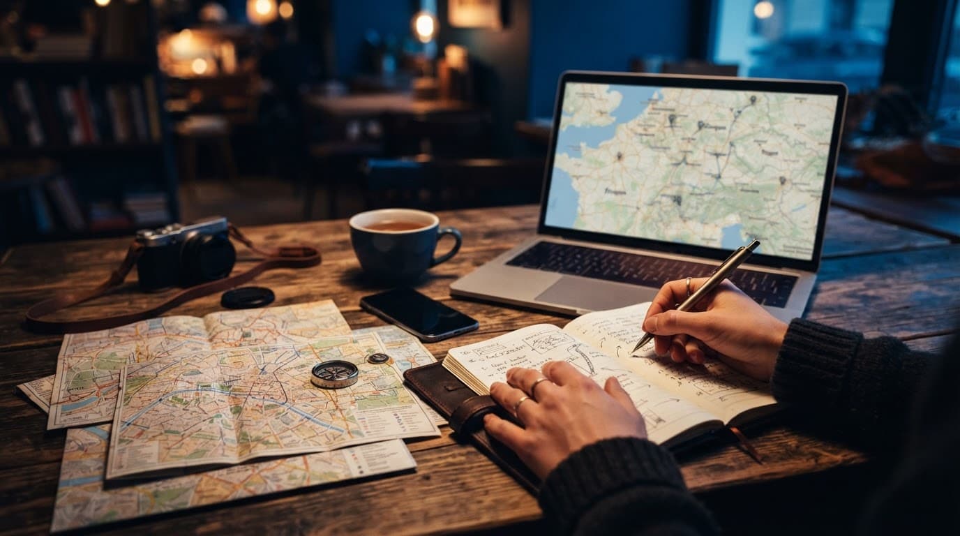 Hands, maps, a notebook, and a laptop arranged on a warmly lit wooden desk