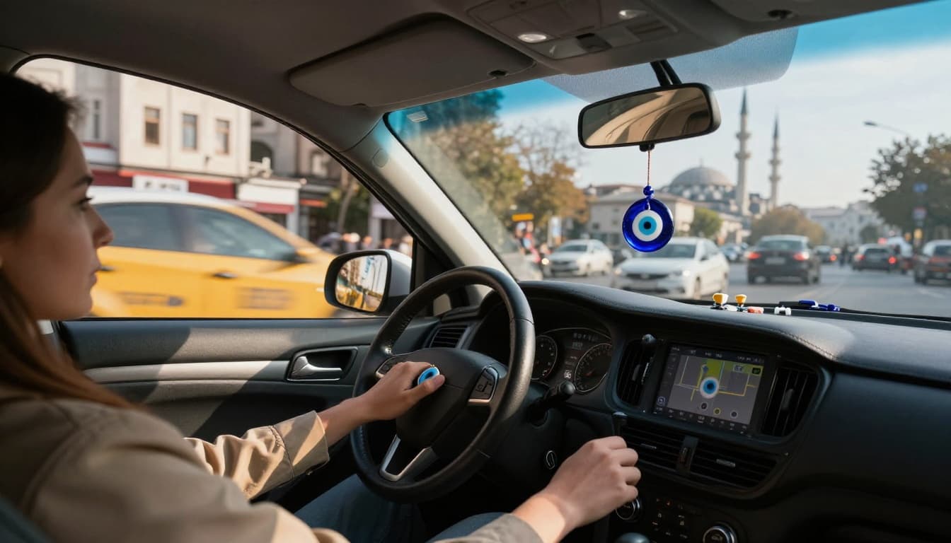 A glowing blue nazar boncuğu evil eye amulet hangs from the rearview mirror in a Turkish taxi cab, with dashboard details, driver's hand on the wheel, and a busy Istanbul street with minarets visible through the windshield on a sunny afternoon.