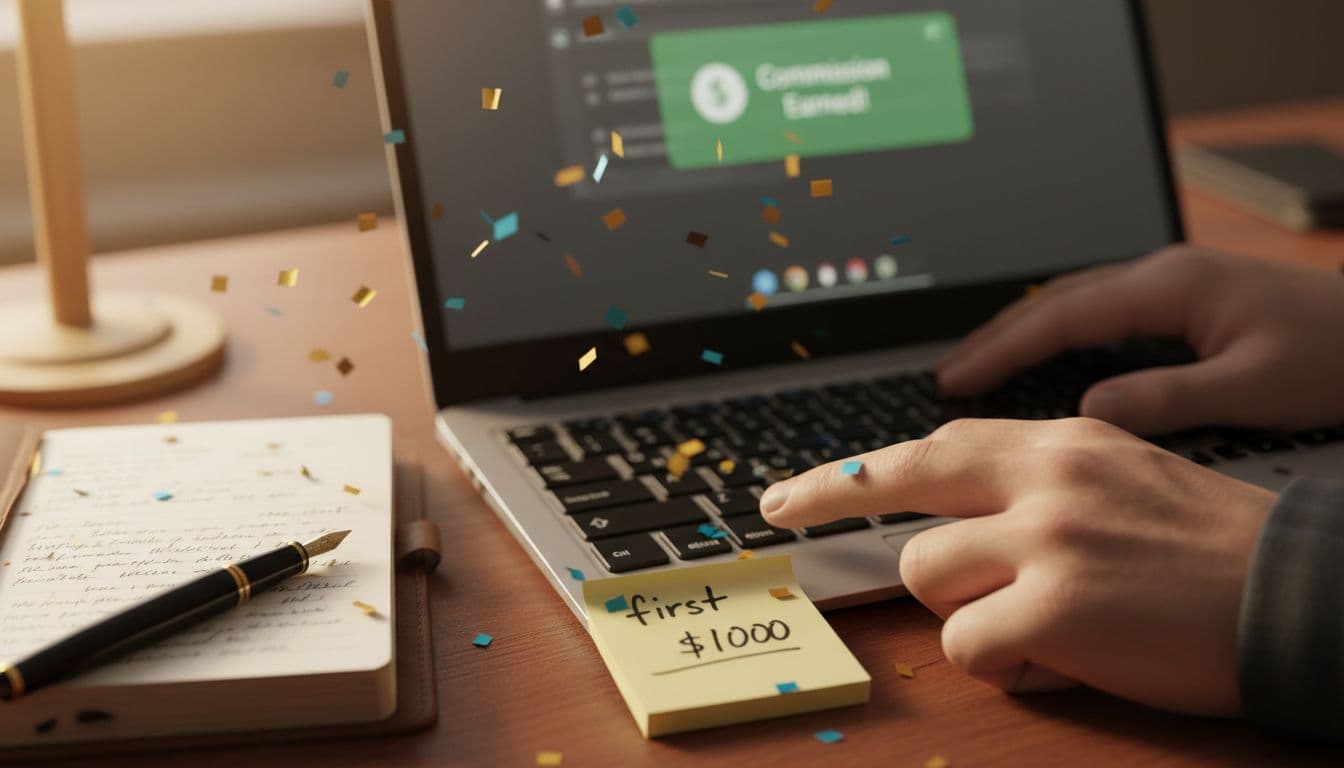 Close-up of hands on a keyboard celebrating a small milestone, with a blurred laptop screen showing an affiliate dashboard and first commission notification, confetti or 'first $1000' note nearby, on a wooden desk.