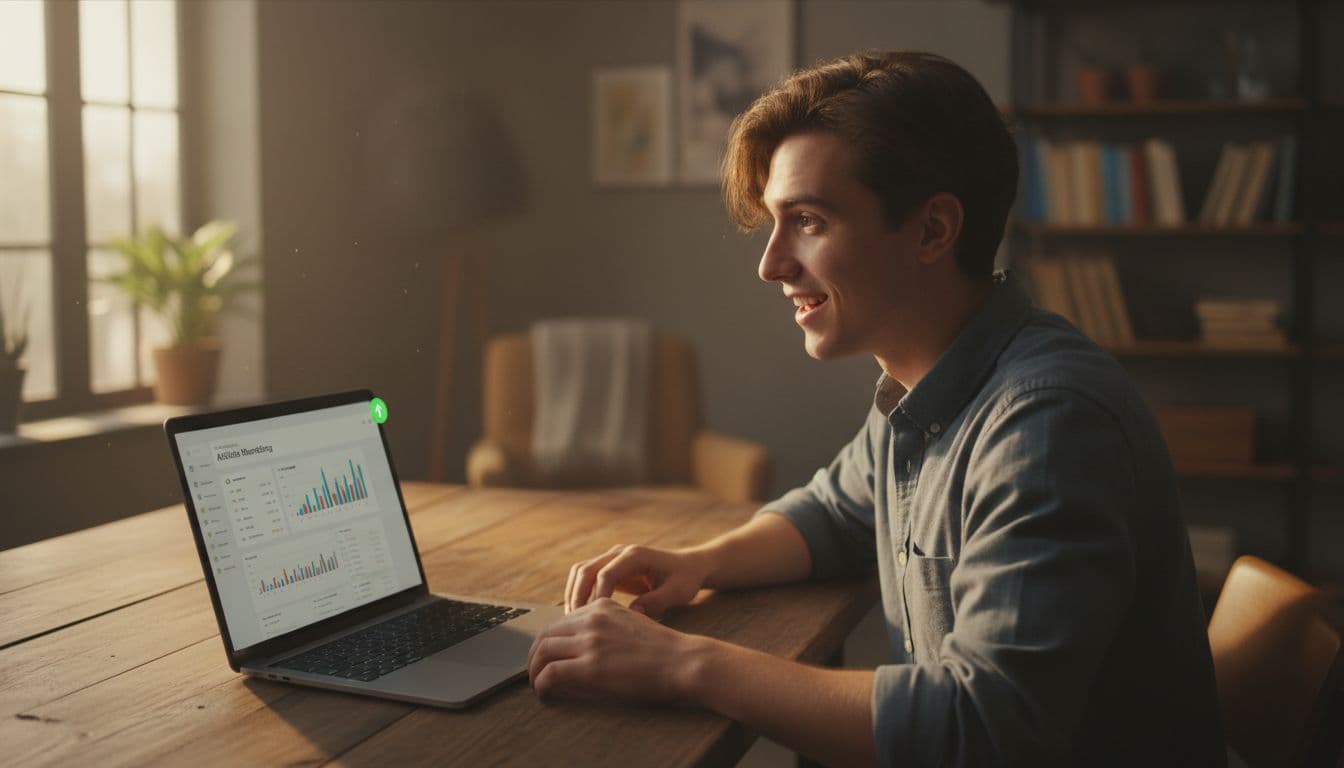 Young adult in cozy home office with wide-eyed smile of surprise and relief at blurred affiliate dashboard showing first sale on laptop.