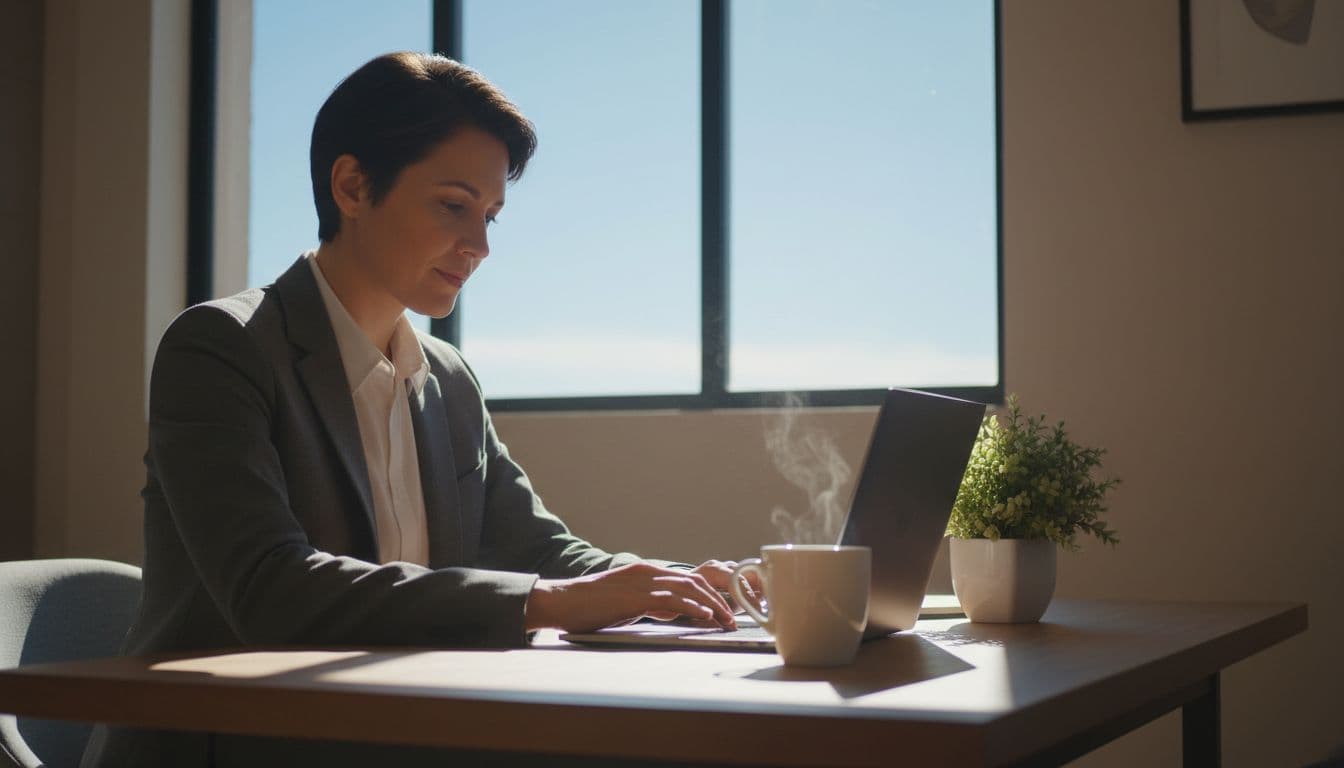 Person works focused at desk with open laptop, coffee cup nearby, and sunny window.