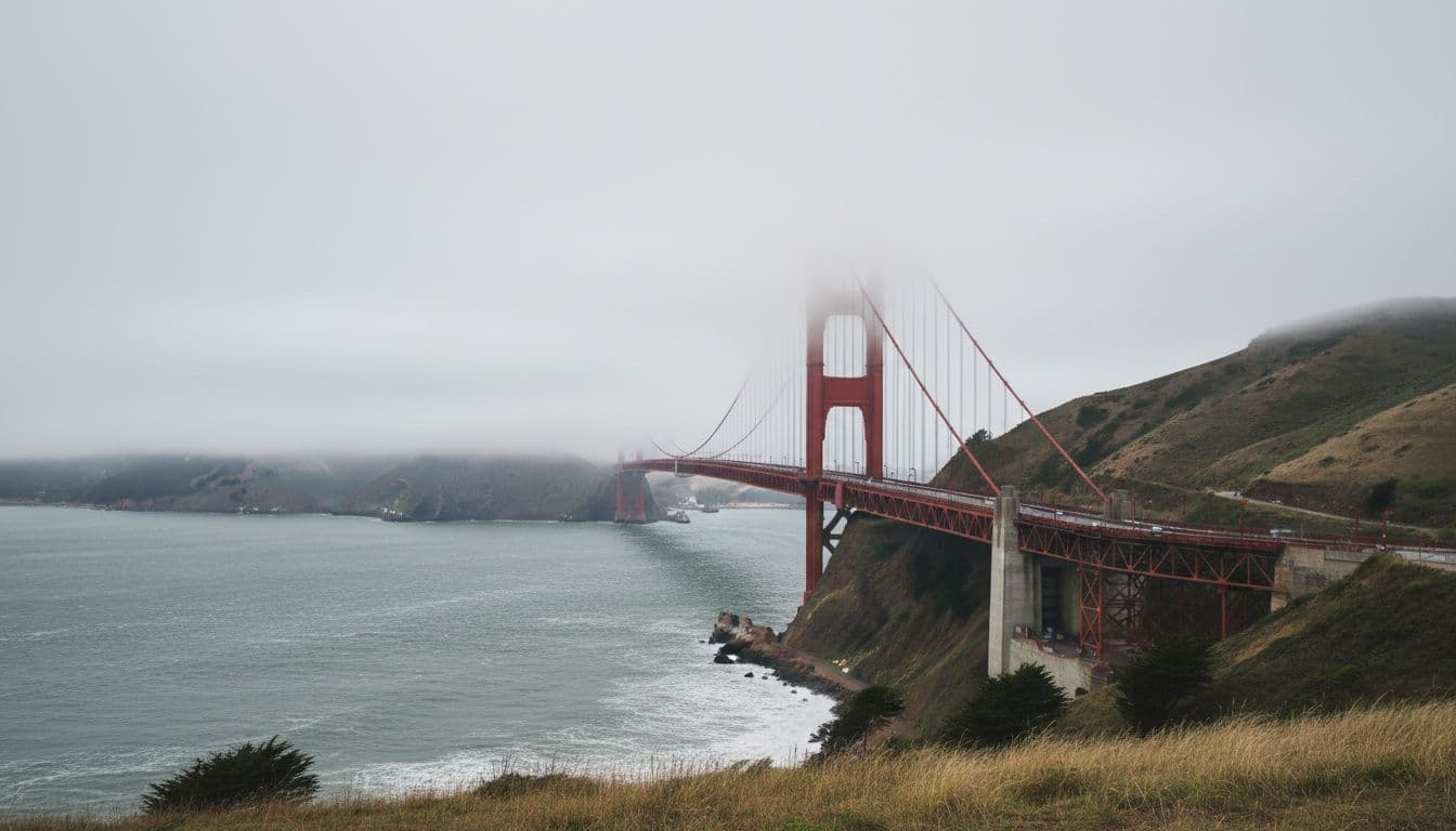 Iconic red-orange Golden Gate Bridge half-hidden by swirling fog rolling in from the bay, bridge deck empty under overcast sky with massive towers piercing low clouds.