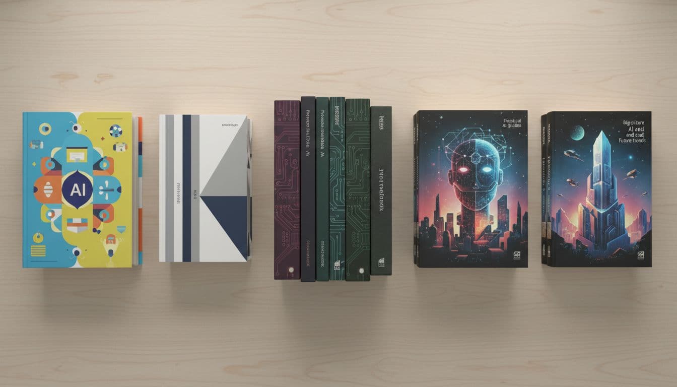Top view of clean wooden desk with four neat stacks of paperback books in colorful, slim, thick, and futuristic designs.