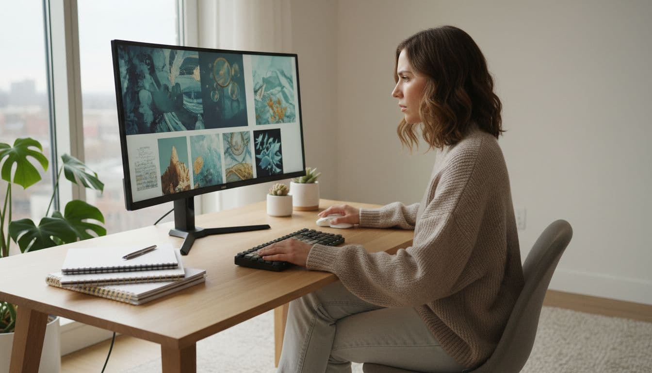 A focused freelancer sits at a modern home office desk using a desktop computer to edit AI-generated images, with relaxed hands on mouse and keyboard, daylight from a large window, plants and notebook nearby, realistic photo.