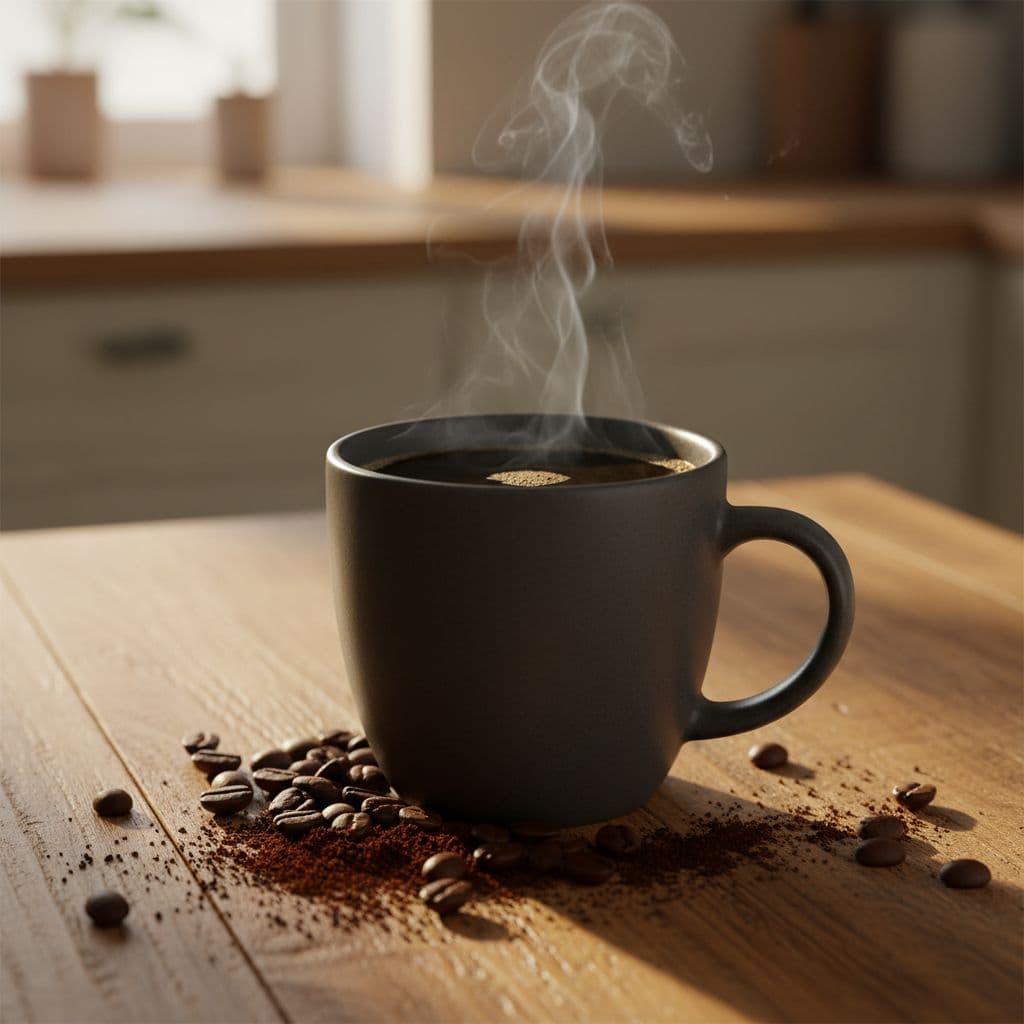 Black coffee steams from a simple ceramic mug, with scattered beans and grounds on a wooden table.