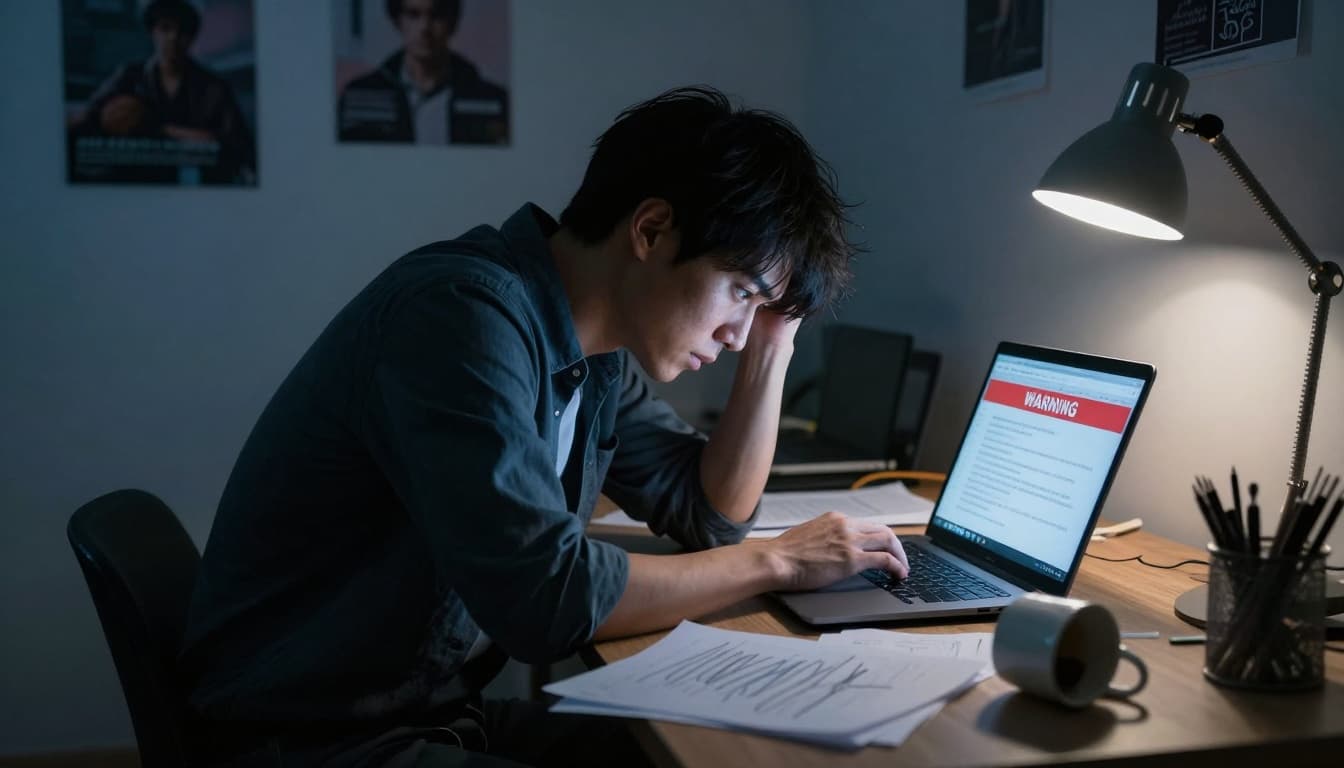 A frustrated young man in his mid-20s sits at a cluttered home office desk late at night, hunched over a laptop showing a blurred red suspension warning, with spilled coffee and scattered papers emphasizing stress and regret.