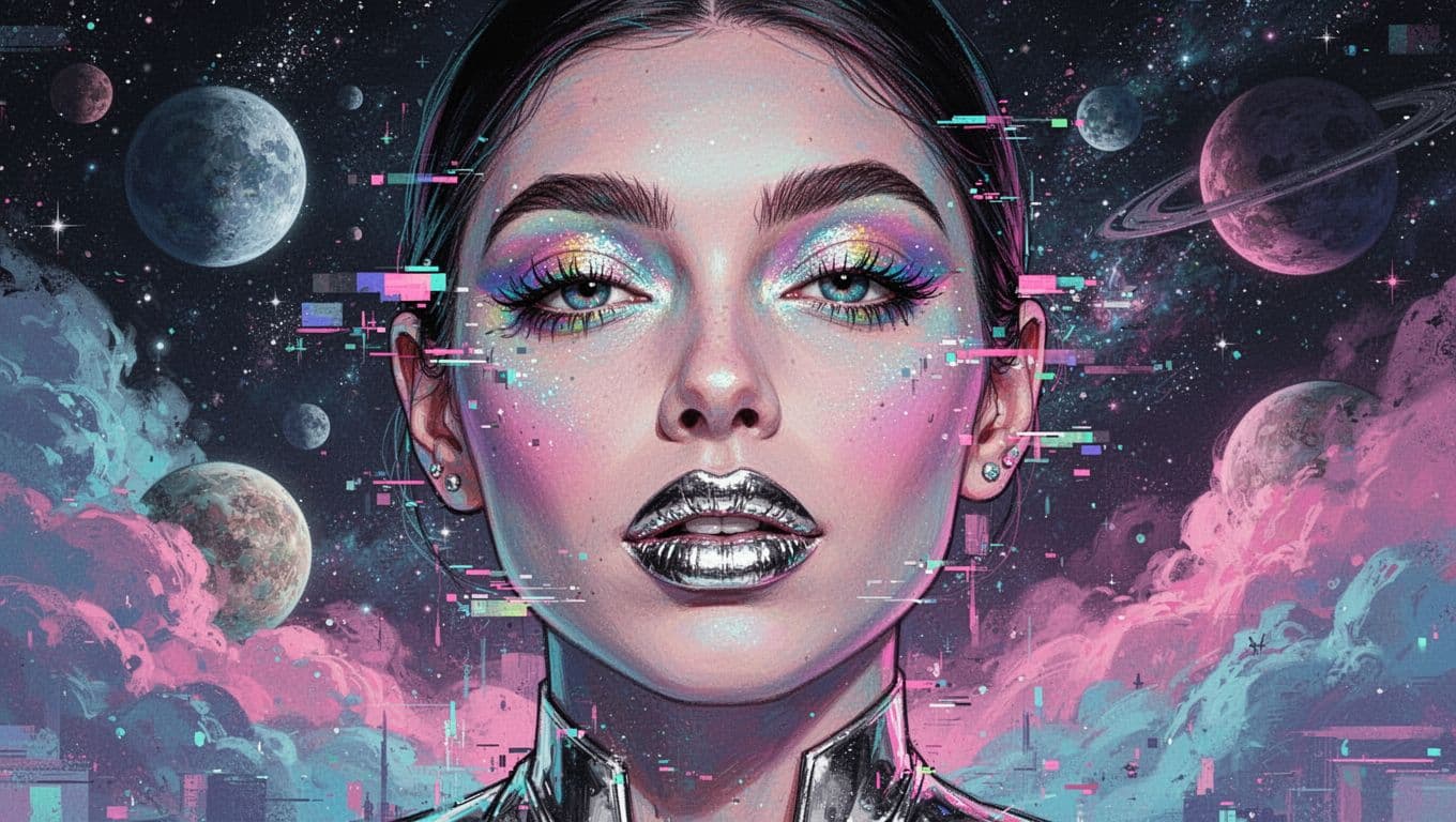 Close-up illustration of one face with surreal opalescent makeup, iridescent eyeshadow, chrome lips, and glitch distortions, set against a starry space background with alien planets and nebulae.