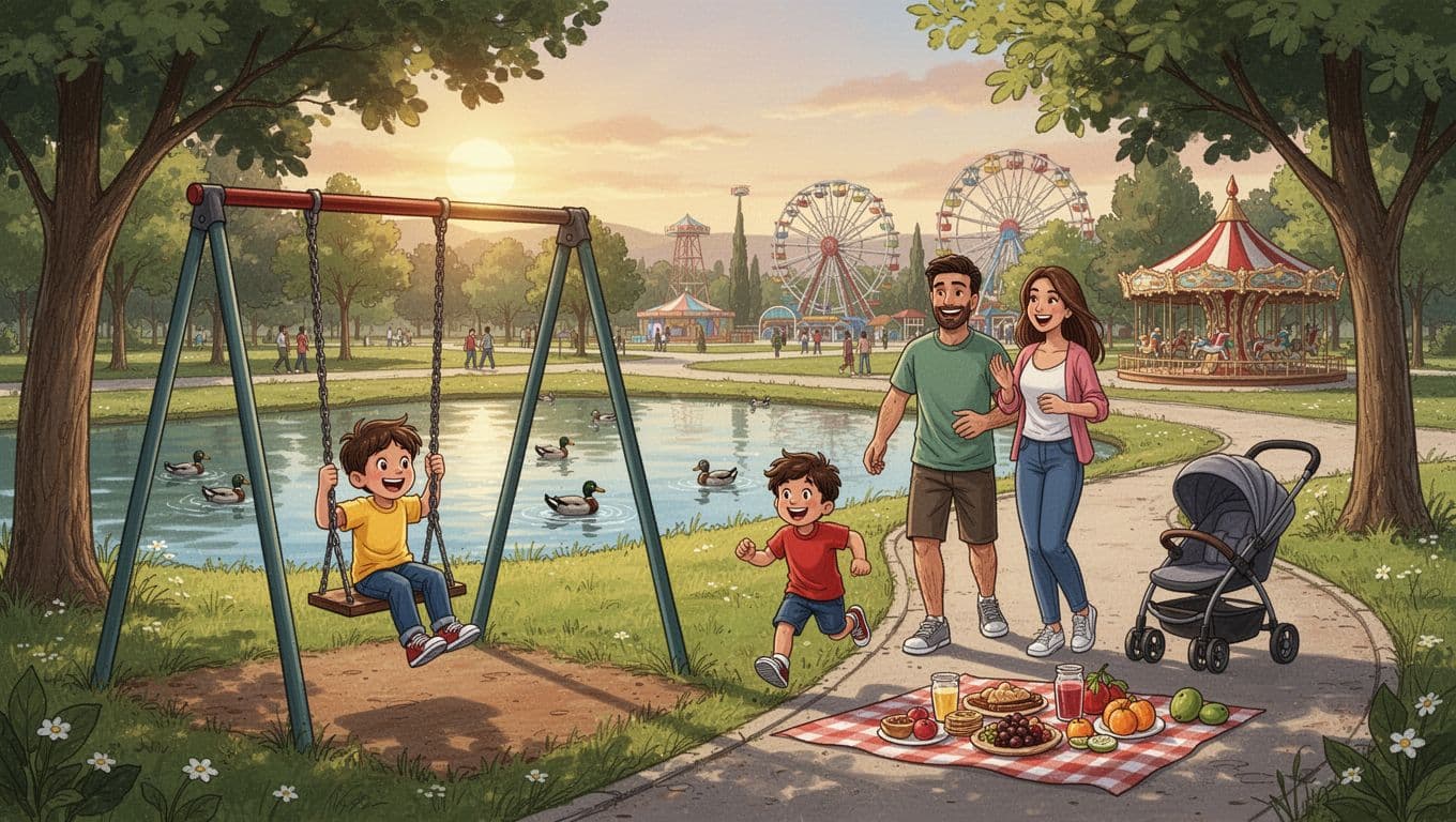Vibrant hand-drawn illustration of a family of four—two parents and two young kids—enjoying Gençlik Park in Ankara, Turkey. One child swings on a playground swing while the other runs nearby, parents smiling; background features a lake with ducks, green paths, trees, distant Ferris wheel and carousel, with a stroller and picnic blanket.