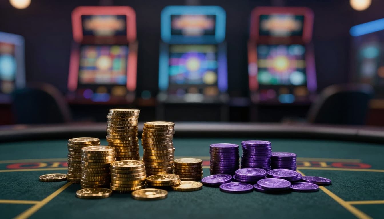 Realistic casino gaming table under soft lighting with foreground piles of shiny gold coins and sleek purple coins, blurred slot machines in the background.