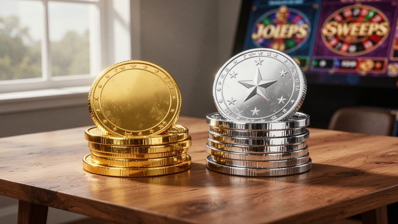 Illustration of shiny golden Gold Coins and silver star-embossed Sweeps Coins stacked separately on a wooden table, with soft daylight and blurred casino icons in the background.