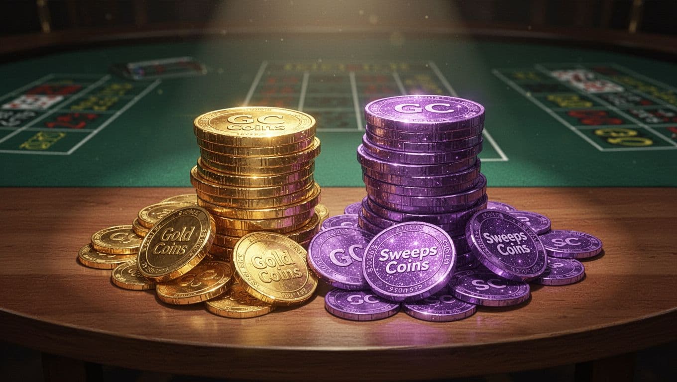 Detailed digital illustration of two stacks of shiny gold coins labeled Gold Coins and purple shimmering coins labeled Sweeps Coins on a wooden table with casino felt background. Soft spotlight lighting casts gentle shadows, with spilling coins, vibrant metallic colors, glossy highlights, and an exciting valuable mood.