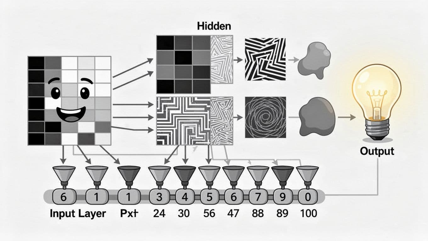 Illustration of a 6x6 grayscale pixel art smiling face grid transforming into neural network layers, with arrows from pixels to input neurons, emerging edges, shapes, and output recognition.