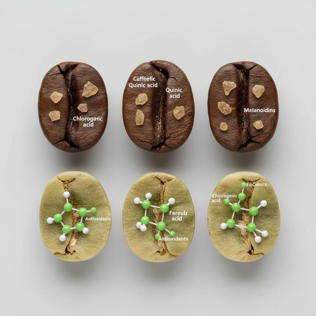 Roasted and green coffee beans split in half reveal internal compounds on neutral background.