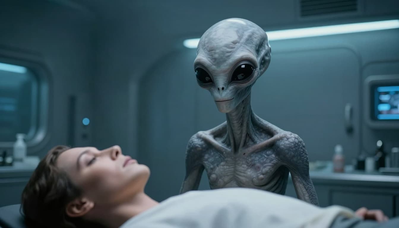Photorealistic portrait of classic Grey aliens with large black eyes intently examining a blurred human figure on an operating table in a dimly lit UFO examination room with metallic walls and blue glowing panels.
