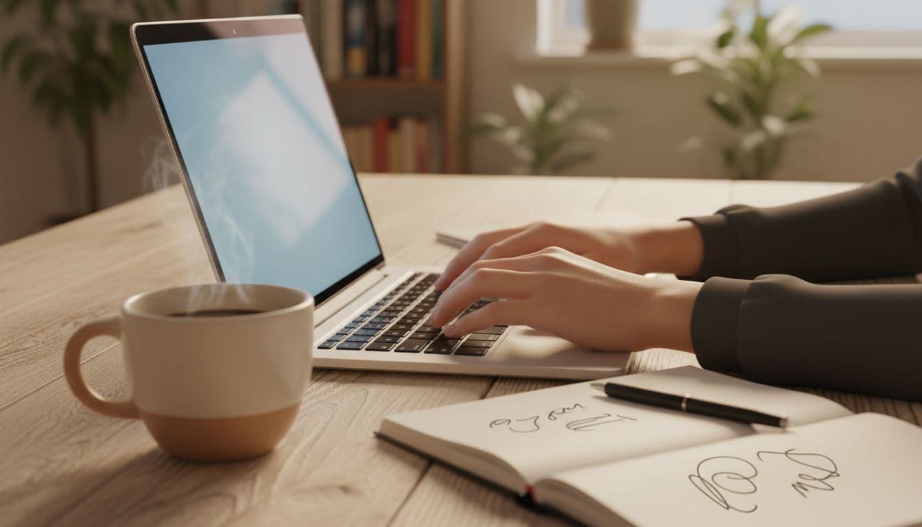 Close-up of two hands relaxed on a laptop keyboard generating blurred text on screen, with a coffee mug and notebook nearby on a wooden desk under warm indoor lighting.