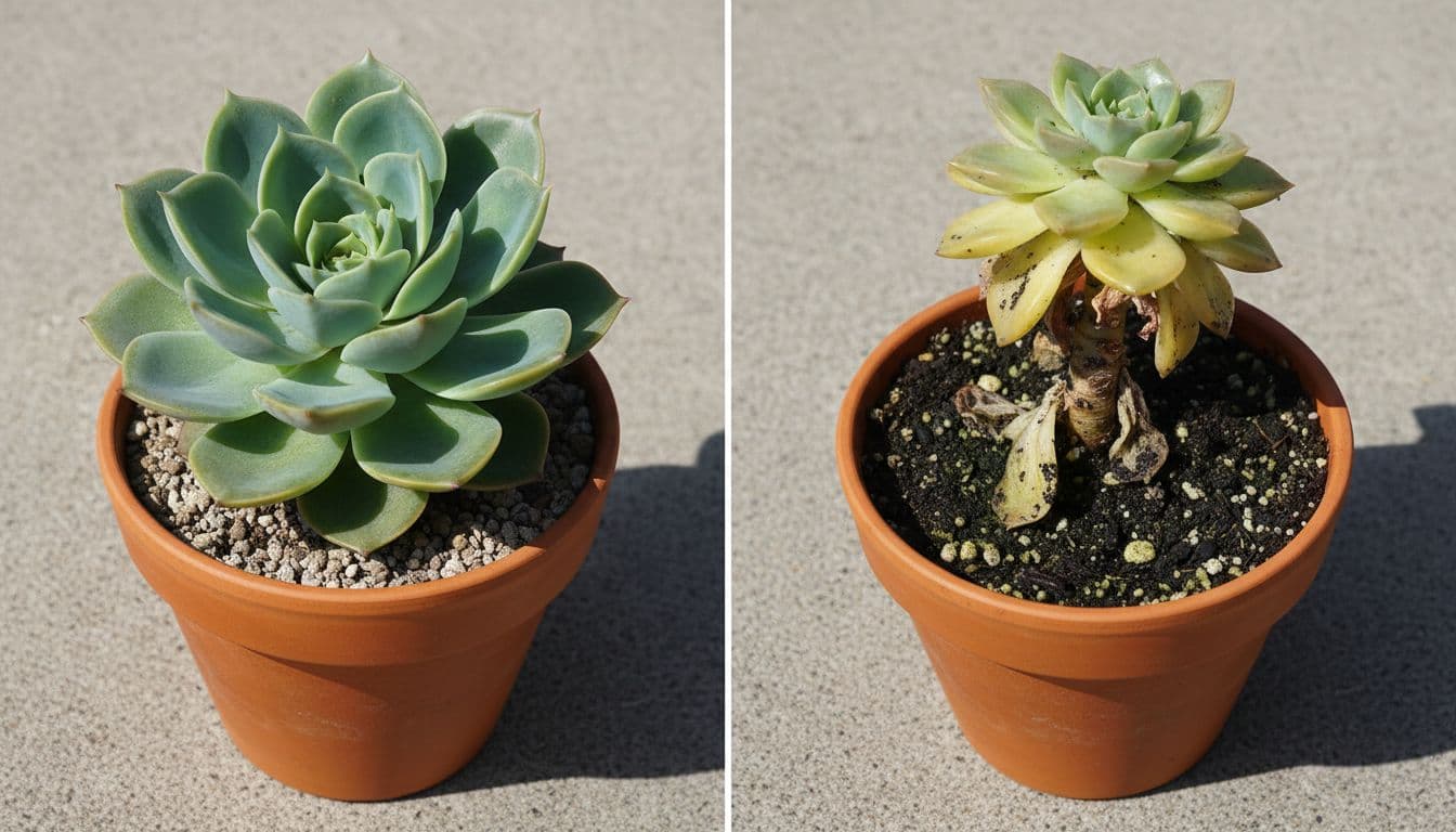 Side-by-side comparison showing a healthy plump succulent on the left and an overwatered one on the right with mushy yellow leaves and black spots on the stem, both in similar pots on a neutral background under natural light.