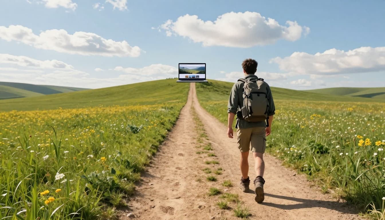 A determined hiker walks steadily along a dirt path through a vast green field toward a distant hill where a laptop displays a glowing website homepage, symbolizing persistent progress and motivation.