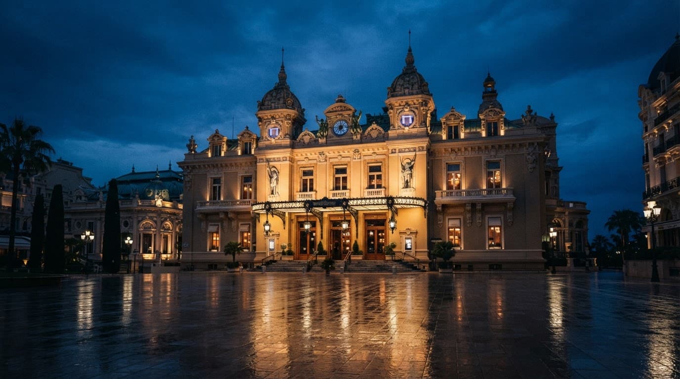 Historic European casino glowing warmly at dusk