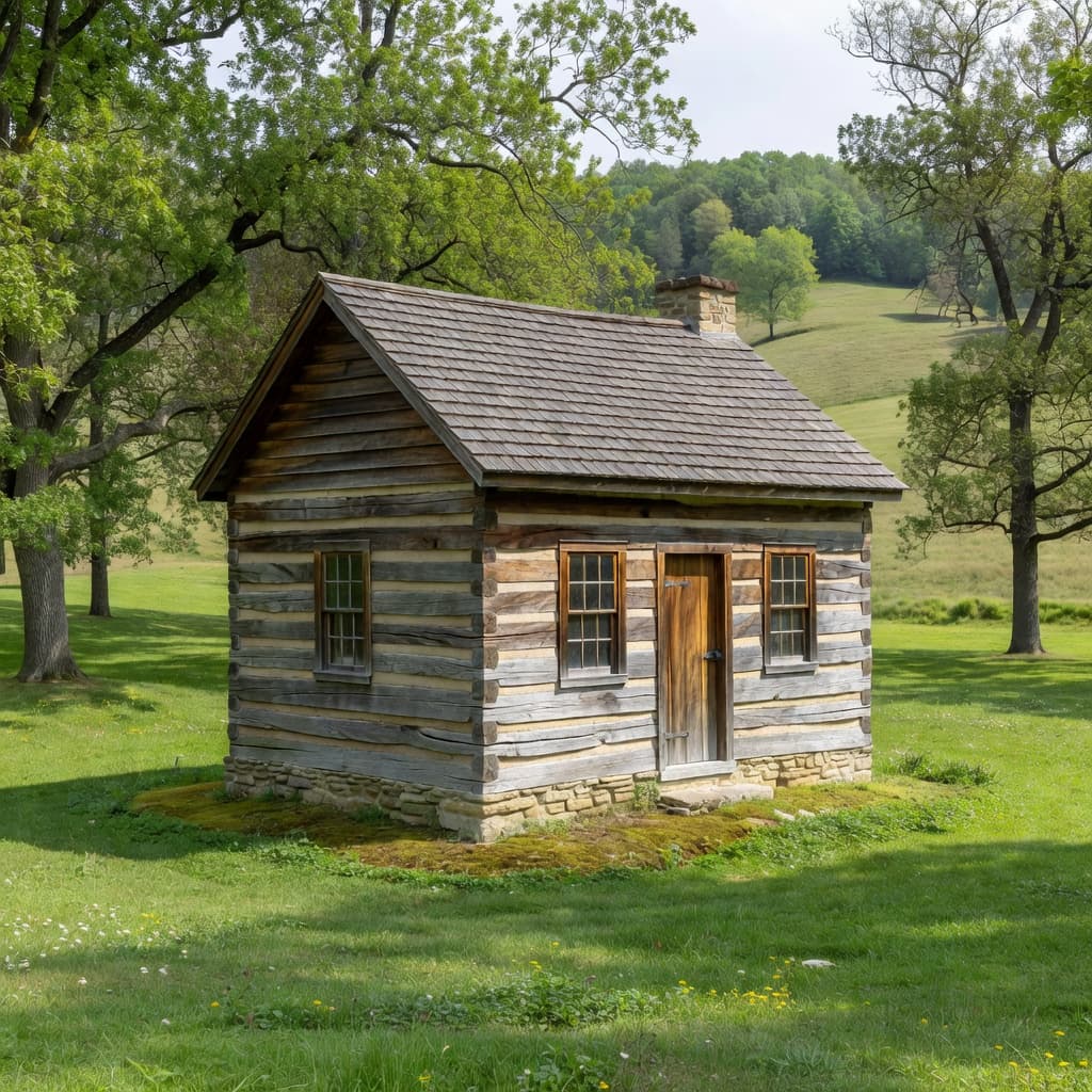 A single-room wooden log schoolhouse stands in a vibrant green meadow under a clear blue sky. The humble structure features authentic early nineteenth-century architecture surrounded by lush, rolling Indiana landscape.