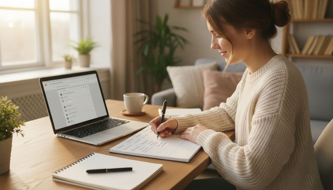 A single person sits at a cozy home desk in a living room with natural light, planning a weekly publishing routine on a calendar planner next to a laptop, notebook, and pen.