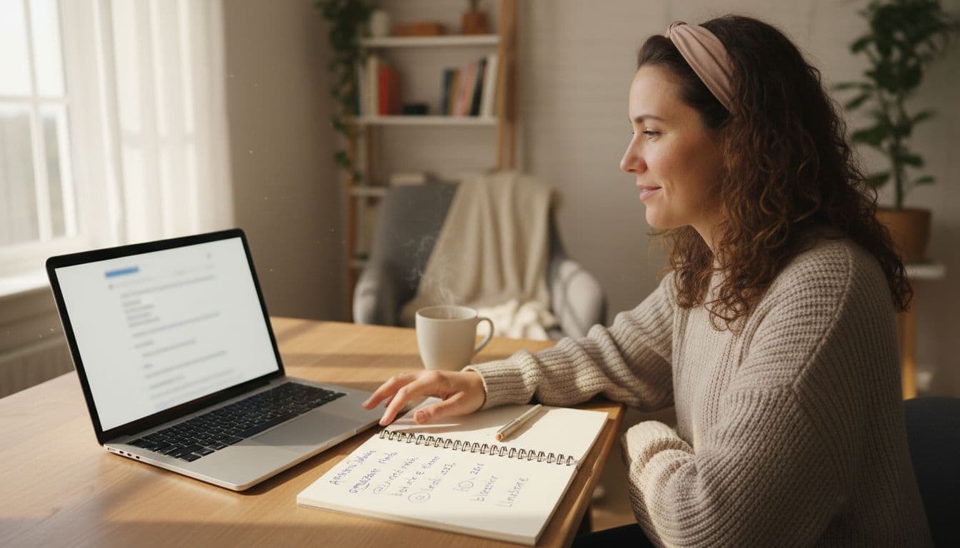 One person in a comfortable home office with laptop open to blurred writing interface, hand near keyboard, notebook with affiliate notes, warm afternoon light, focused relaxed expression, photorealistic.