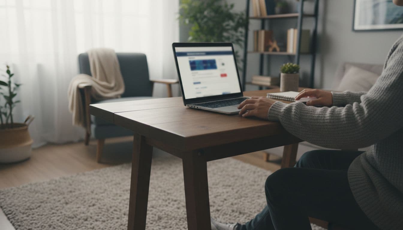 One person seated at a wooden desk in a comfortable living room with soft natural light, laptop open to a blurred domain registration page, hand near keyboard, notebook and plant nearby, photorealistic.