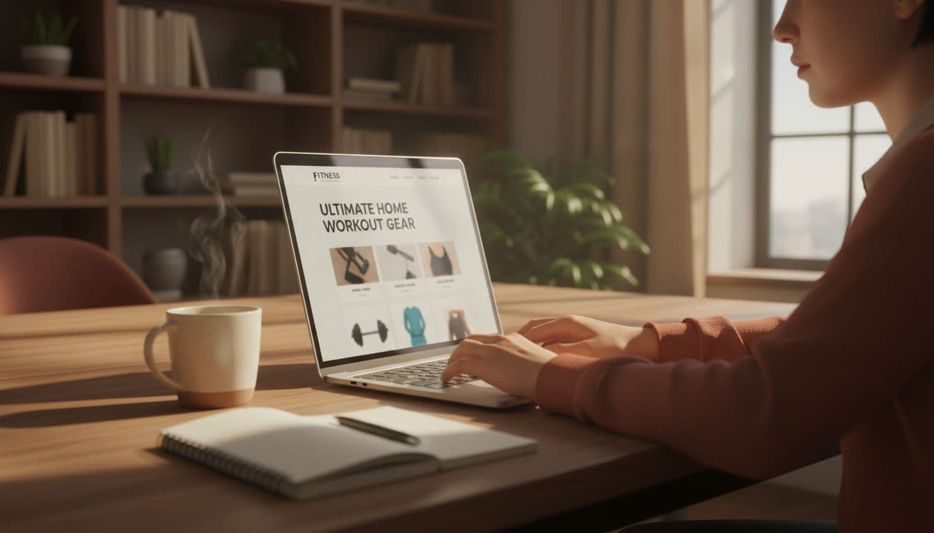 Landscape image of a focused person in a home office at a wooden desk, working on a laptop displaying a simple affiliate website about fitness gear, with coffee mug, notebook, natural light, and self-help bookshelves in the background.