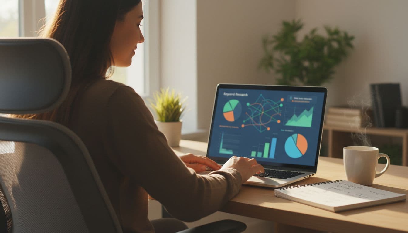 A single person at a home office desk uses a laptop showing blurred abstract keyword research graphs and charts, with a notebook, coffee mug, and window light creating a comfortable, photorealistic setup.