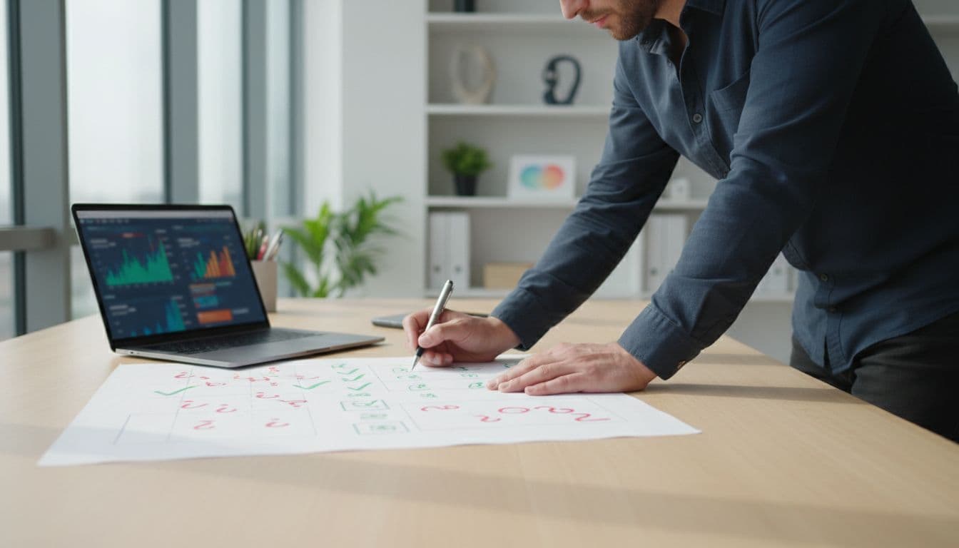 A person at a desk reviews a document with checkmarks and question marks scattered around, laptop nearby showing blurred data charts, in a modern daytime office.