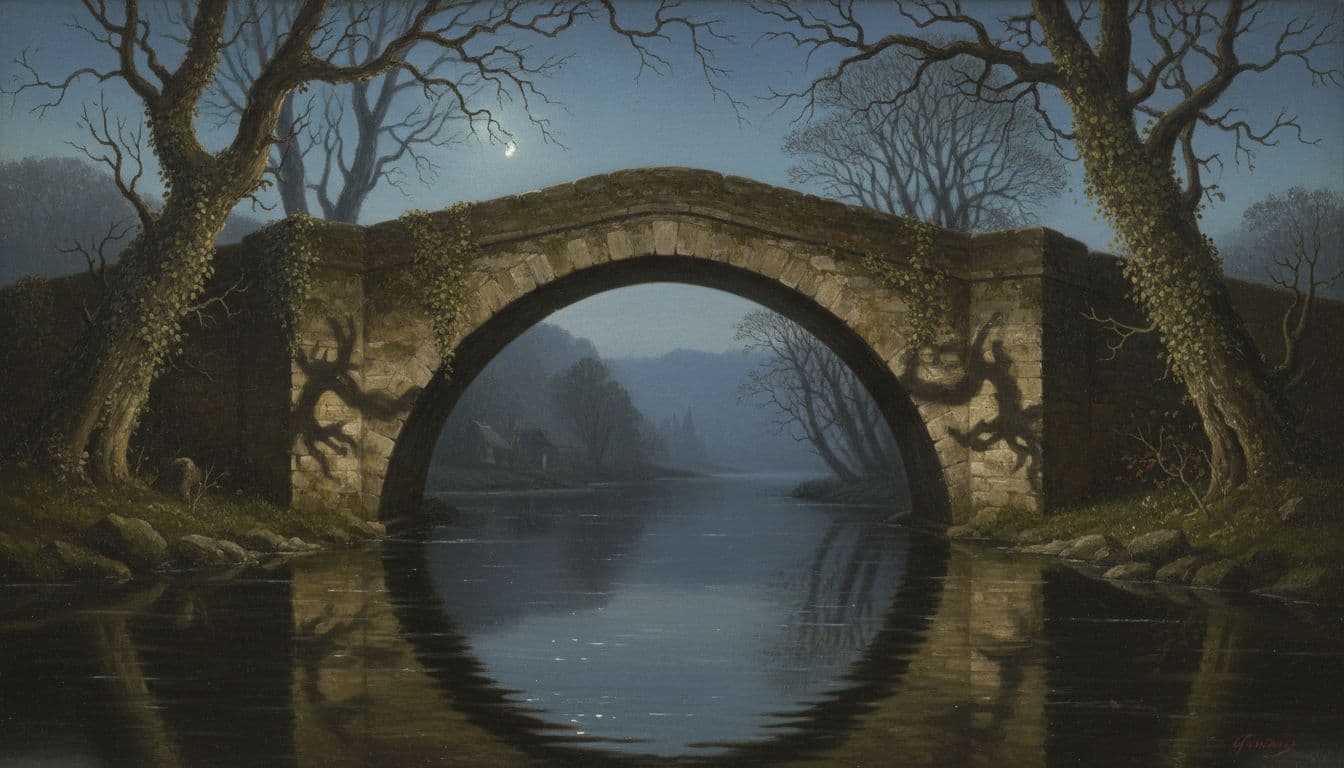 A sturdy old stone arch bridge spans a dark river at nightfall in a vintage realistic painting style, with ivy climbing the abutments, faint moonlight through tree branches, and rippling water reflecting stars, evoking quiet melancholy.